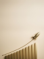 Poster - Golden rocket launching from bar chart on beige background symbolizing business growth and success. Conceptual clean design with copyspace.