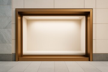 Poster - Empty luxury store display window with golden frame and soft lighting on beige tiled wall background for business branding and promotion mockup template.