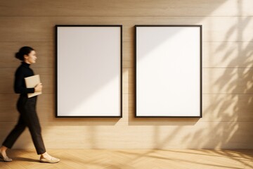 Aufkleber - Two vertical blank posters on wooden wall with walking woman holding folder in sunlight, perfect for business branding or promotional concept mockup.