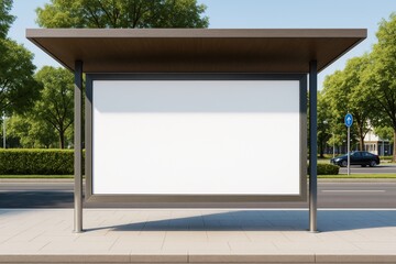 Poster - Blank horizontal bus stop billboard mockup with metal frame under wooden roof on city street with trees and cars in natural daylight setting.