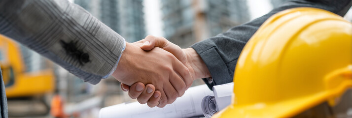 Poster - Two men shake hands in front of a building. 