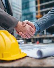Poster - Two men shake hands in front of a building