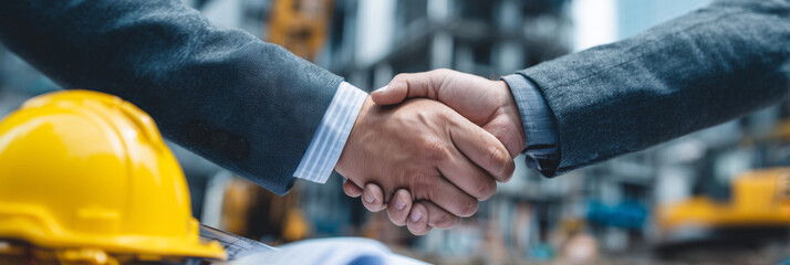 Poster - Two men shake hands in a business setting. One of them is wearing a yellow hard hat. There are other people in the background, but they are not the main focus of the image