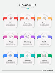 Poster - Infographic design template. Timeline concept with 9 options or steps template. layout, diagram, annual, report, presentation. Vector illustration.