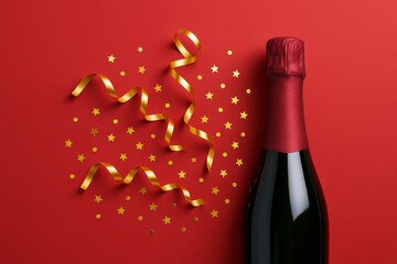 Poster - Champagne bottle with festive gold ribbons and star confetti on vibrant red background for celebration and holiday party concepts.