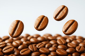 Poster - Close-up of flying roasted coffee beans above a pile with light background and drink concept emphasizing freshness and energy boost.