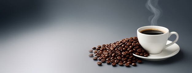 Poster - Hot coffee cup with roasted beans on smooth gradient background with copy space for poster, banner, or advertising design template concept.
