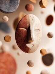 Poster - Smiling Clay Face Floating Among Abstract Shapes in a Minimal Space Setting
