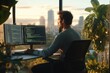 © imagepocket - A programmer works from home, looking at a cityscape during sunset, coding on a dual monitor setup.