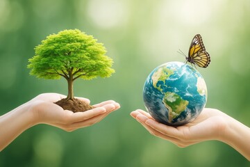 Aufkleber - Human hands holding a tree and Earth globe with butterfly on soft green background symbolizing environmental protection and harmony concept.