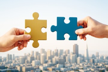 Poster - Two hands holding fitting puzzle pieces with city background representing teamwork and collaboration in a creative business concept scene.