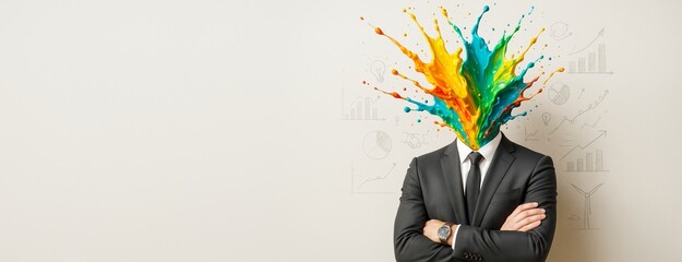 Poster - Businessman with colorful paint explosion instead of head on light background with graphs and charts, symbolizing creativity and innovation in business.