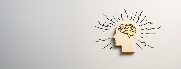 Poster - Wooden human head with brain sketch and creative lines on light background with copyspace for concept design or promotional banner template.
