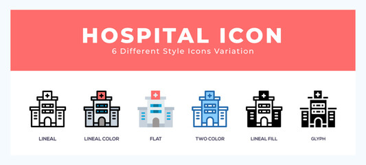 Aufkleber - Hospital icon set. outline. glyph black. flat color and filled line color