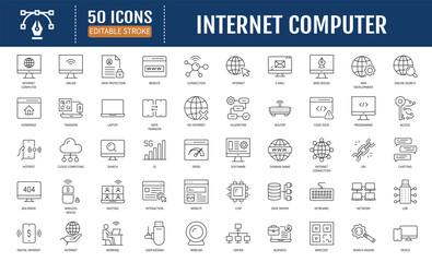 Internet computer line editable icon set. Containing
computer, network, online, website, server, web design,
hardware, software, programming and more. Vector Illustration 