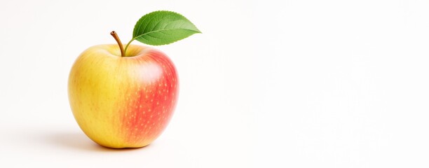 Poster - Fresh red and yellow apple with green leaf on white background with copy space for food design or advertising mockup template concept.