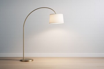 Poster - Modern floor lamp with curved metal stand and fabric lampshade casting warm light on white brick wall and wooden floor background. Ai generative.