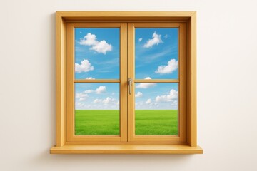 Aufkleber - Wooden frame window on white wall with view of grassy field and blue sky with clouds, minimalistic clean background concept illustration.