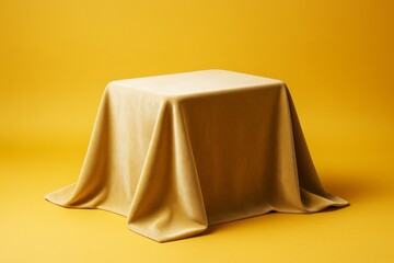 Poster - Yellow fabric-draped cube on seamless yellow background with soft shadows and smooth lighting in a minimal abstract composition style.