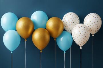 Poster - Glossy blue, gold, and white polka dot balloons floating against a dark blue wall background, arranged in celebration party composition.