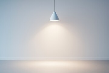 Poster - Minimalistic interior with a single hanging ceiling lamp casting light on a blank wall in a clean, modern setting. Ai generative.