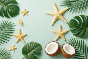 Poster - Tropical summer composition with palm leaves, starfish, and coconuts on light pastel background, abstract vacation and beach concept graphic.
