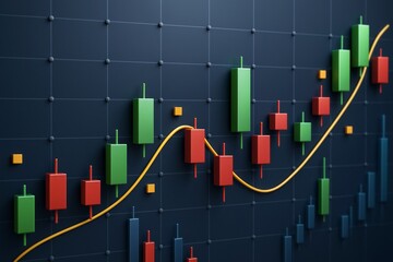 Poster - Colorful candlestick chart with market trends and indicators on dark grid background, modern financial data visualization concept in 3D graphic style.