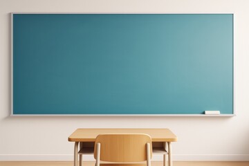 Poster - Empty green classroom chalkboard with wooden desk and chair on light wall background, ideal for education or back-to-school concept mockup scene.