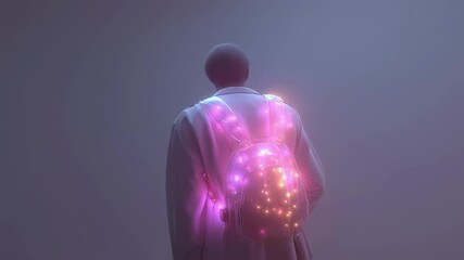 Poster - medical visualization of a scientist wearing a futuristic, glowing backpack, potentially containing 