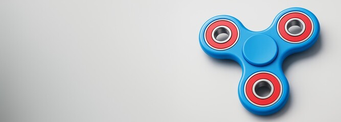 Poster - Blue fidget spinner with red bearings on clean white background with empty copyspace on left side for hobby or relaxation concept design template.