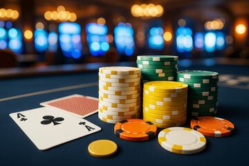 Poster - Colorful poker chips and playing cards on a casino table with bright lights and slot machines in the blurry background. Ai generative.