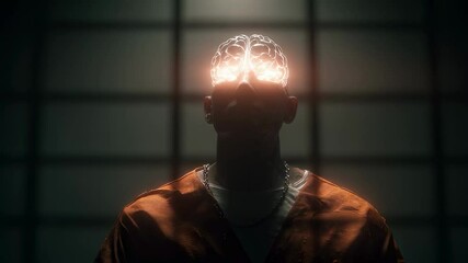 Poster - Brain scan glowing over prisoner wearing orange jumpsuit, revealing neurological visualization within shadowy correctional environment, exploring intersection of mental health and criminal justice