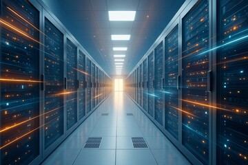 Poster - High-tech data center corridor with glowing servers and dynamic light trails in futuristic industry concept background. Ai generative.