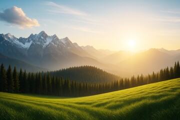 Poster - Peaceful sunrise over grassy hillside with pine forest and snowy mountain range in soft golden light concept background landscape scene.