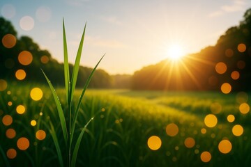 Poster - Close-up of grass blades with dew against a glowing sunrise in a green field, golden bokeh lights add magical atmosphere in nature landscape background.