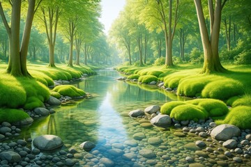 Poster - Peaceful forest river with lush green grass and sunlight filtering through trees in a serene nature landscape background. Ai generative.
