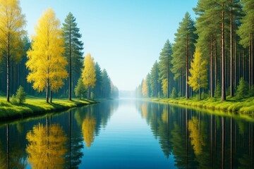 Poster - Tranquil forest river landscape with autumn trees reflecting on calm water under clear blue sky in soft morning light. Ai generative.