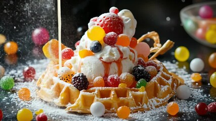 Poster - A delicious-looking waffle topped with fresh fruit and served with a scoop of ice cream, perfect for breakfast or dessert