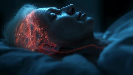 Poster - Neurological visualization displaying brain activity of senior woman lying peacefully, mapping neural patterns during deep restorative sleep state