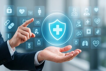 Aufkleber - Businessman interacting with digital healthcare interface and medical icons on futuristic light background for health technology concept.