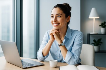 Poster - Professional woman smiling at desk with laptop and coffee in bright modern office interior background, natural light, productivity concept.