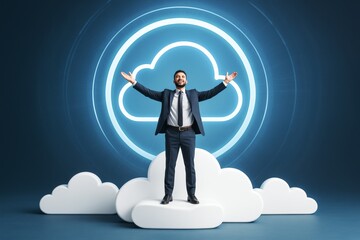 Aufkleber - Confident businessman standing on cloud shapes with neon cloud icon in abstract blue background, expressing success and innovation in cloud tech.