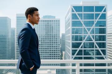 Aufkleber - Confident business person in formal suit standing on rooftop with modern city skyline in background under daylight, looking into distance thoughtfully.