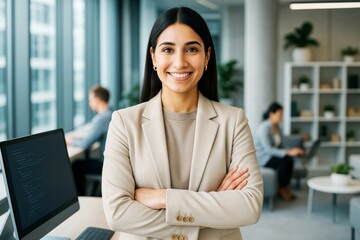 Poster - Confident businesswoman smiling with arms crossed in modern office with bright background and people working in open space environment.