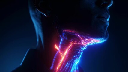 Poster - advanced medical technology visualizing glowing voice modulator implant positioned inside human thro