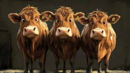 Poster - A group of three brown cows grazing together in a field