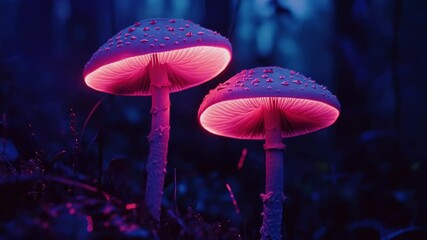 Poster - A pair of vibrant purple mushrooms growing amidst a lush green meadow