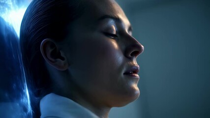 Poster - Medical visualization of a female patient with closed eyes, lying down and receiving a brain stimulation therapy, with glowing blue energy emanating from her head