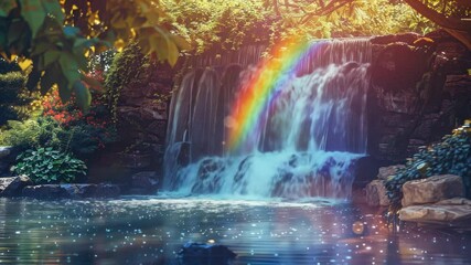 Poster - A serene waterfall surrounded by lush greenery, featuring a vibrant rainbow in the center