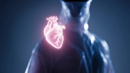 Poster - advanced medical professional interacting with glowing holographic heart projection through virtual 